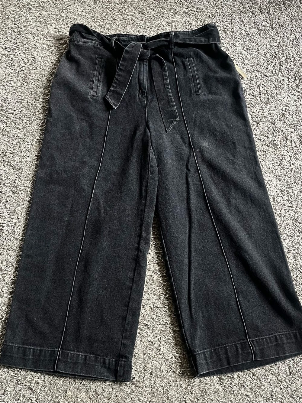 Cleobella Black High Waisted Wide Leg Denim Jeans Belted Pintuck Seams XL **read